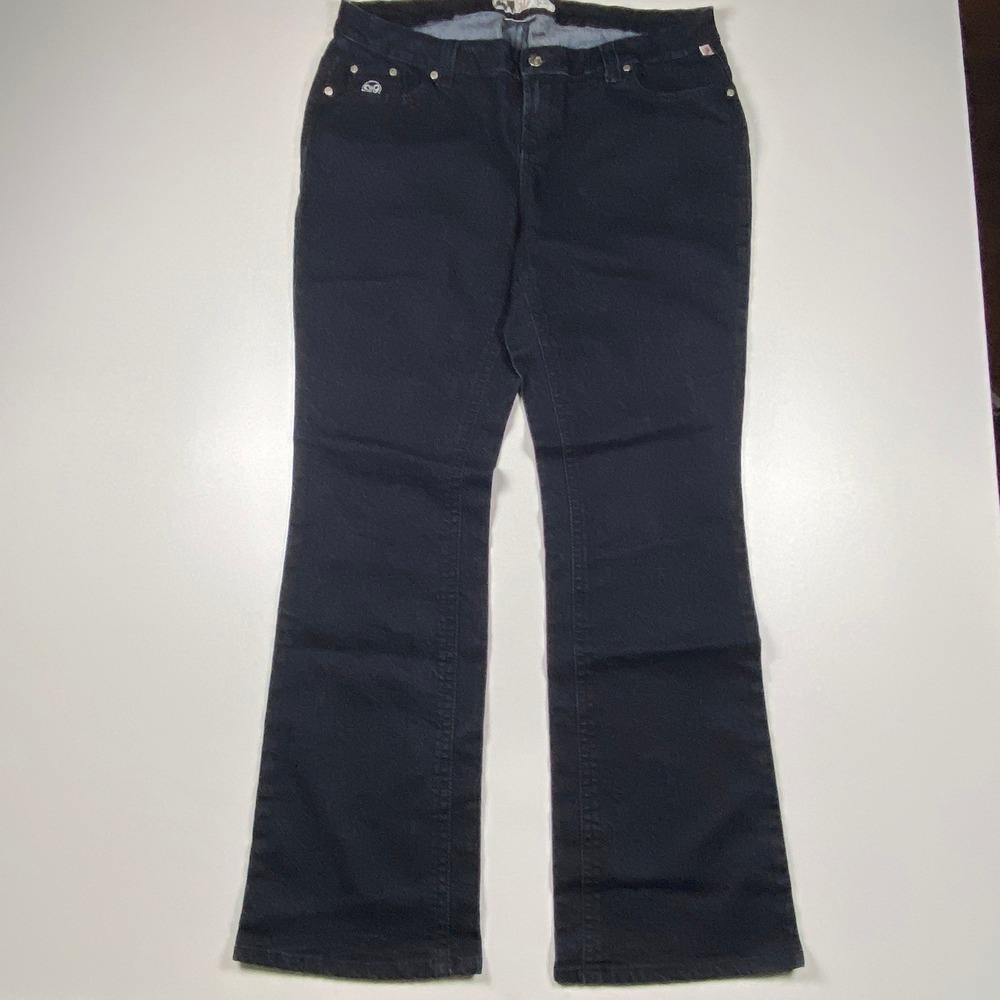 Mecca Femme Womens 16W Dark Wash Glitter Logo Pocket Bootcut Jeans Stretch Denim